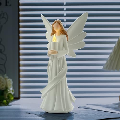 Starryfill 12.2" Angel Figurine Holds Candle with Timer for Women Home | Battery, Resin, Handcrafted Artistry, Warm Glow, Calming Light, Meditation Spaces, Spiritual Peace for Mom Family & Friends - color: 12.2"-candle Angel1