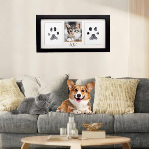 Paw Print Frame Kit for Dog Cat & Baby, Extra Large Wooden Memorial Frame, Inkless Pad & Soft Clay Impression Kit with Tool, Black (Black) - color: black
