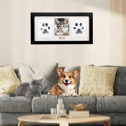 Paw Print Frame Kit for Dog Cat & Baby, Extra Large Wooden Memorial Frame, Inkless Pad & Soft Clay Impression Kit with Tool, Black (Black) - color: black