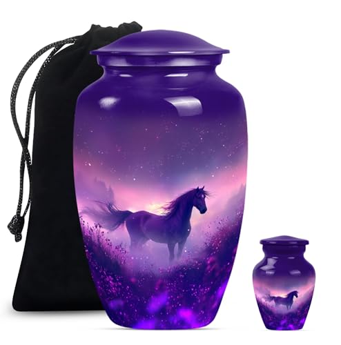 Horse Urn for Ashes - Large 10 Inch Cremation Urns for Human Ashes Adult Male - Funeral Urns for Adult Women - Decorative Ash Holders - 10" & 3" Pack of 2 - color: Purple Horse, size: 10 Inch & Keepsake 1Pc