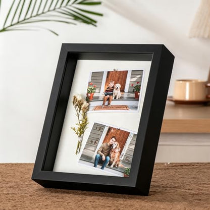 6x8 Small Shadow Box Frame with Ultra-Clear Glass & Soft Linen Back | With Push Pins and Stand, Deep 1.2" Black Shadow Box Display Case – Display on Tabletop or Wall for Photo, Flower, Keepsakes - color: Black+high Definition Panel + Shatter-proof Packagi