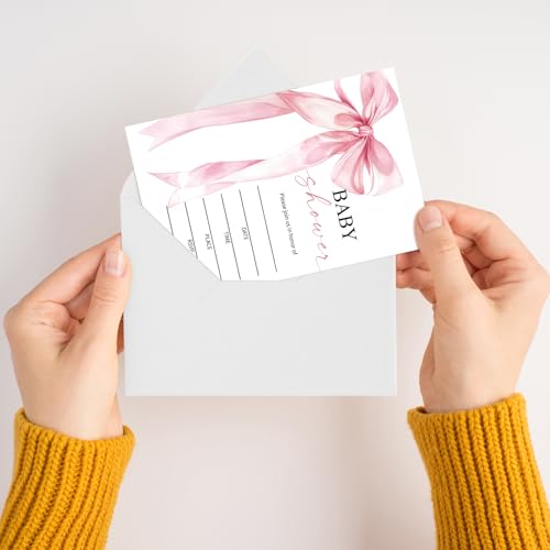 Baby Shower Invitations for Girls, Pink Bow Baby Announcement Invite Cards, 25 Set of Fill-in Baby Shower Invites with Envelopes, Gender Reveal Party Supplies -B05 - color: Pink Bow-03