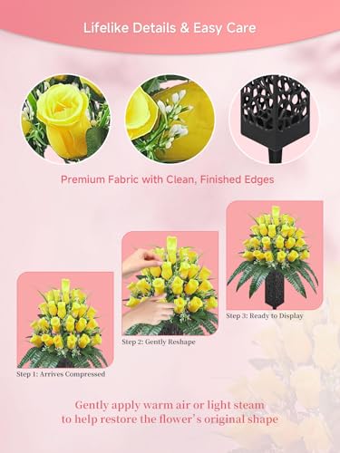 Mirevielyn 2-Pack 24-Stem Artificial Rose Cemetery Flowers with Vases - color: Yellow (Warm Memory)