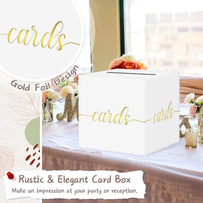 QIKSION Elegant Wedding Card Box, Gold Foil Gift Card Box for Party, White - color: White and Gold Foil