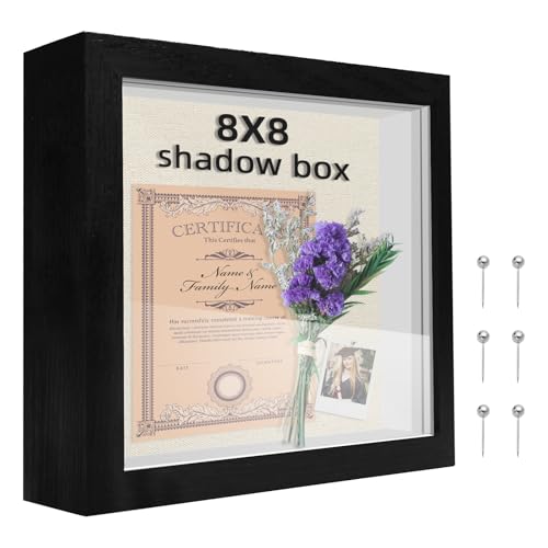 8x8 Shadow Box Frame, 1.2in Deep Keepsake Display Case, Linen Foam Back + 6 Push Pins, Thick Acrylic Front / Protective Film, Wall/Tabletop, for Flowers Tickets Medals Pet Memorial, Black - color: Black, size: 8x8