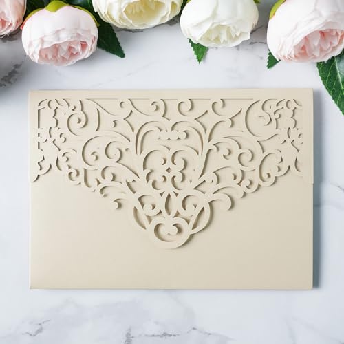 ponatia 20PCS Beige Laser Cut Wedding Invitations Pockets, Tri-fold 5x7 Laser Cut Invitation Pockets for Wedding Bridal Shower Quinceanera 15 Anos Invite (No Envelopes & Inner Sheets) - color: Beige