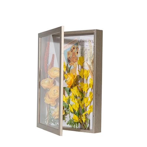 12x16 Shadow Box Frame with Linen Back, Wood Glass Display Case for Medals, Photos, Memorabilia, Awards - Pins Included- Champagne - color: Champagne, size: 12x16