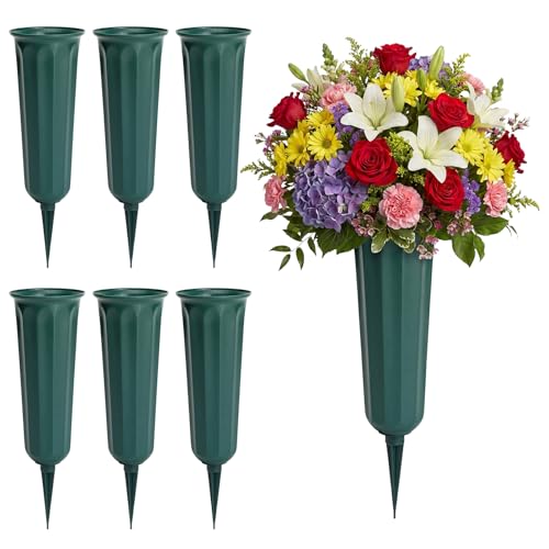 Cemetery Vases with Spikes for Grave 6Set, Plastic Flower Holders | Outdoor Memorial Cone Vases for Bouquets, Grave Site Decorations with Spikes, Green Cemetery Memorial Set