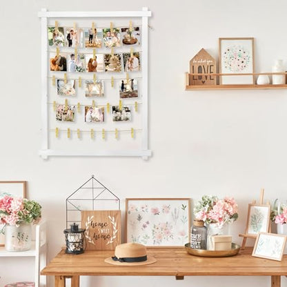 FramePro Wood Photo Display Board with Clips (White) | Freestanding stable desktop frame, holds up to 30 photos, ideal graduation table centerpiece decor - color: White