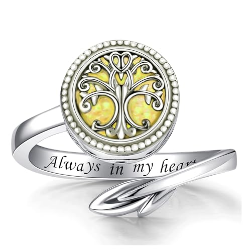 Tree of Life Urn Ring for Ashes 925 Sterling Silver Adjustable Family Tree with Opal Memorial Keepsake Jewelry Always in My Heart Cremation Ring for Women - color: Yellow opal
