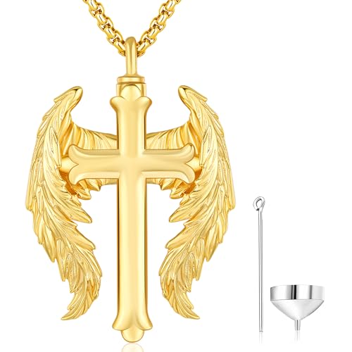 Aniu S925 Sterling Silver Urn Necklace Cremation Jewelry for Ashes - color: Gold - Cross Angel Wing - A