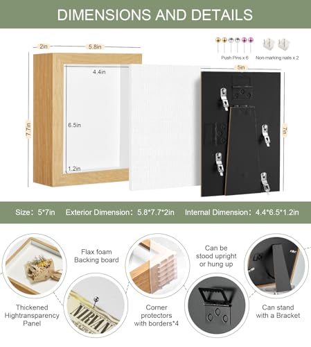 5x7 Small Shadow Box Frame with Thickened Acrylic Panel & Pins - color: Wood Color+foam Back+foam Packaging, size: 5x7