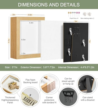 5x7 Small Shadow Box Frame with Thickened Acrylic Panel & Pins - color: Wood Color+foam Back+foam Packaging, size: 5x7