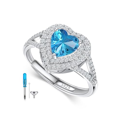 AOBOCO Sterling Silver Heart Birthstone Cremation Ring Holds Loved One's Ashes, Heart Urn Ring for Women, Memorial Keepsake Embellished with Austrian Crystals size 6-9 Adjustable Ring - color: 12-tanzanite-Dec