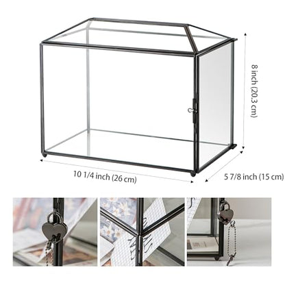 Wedding Glass Card Box with Slot and Lock, 10.2 x 6 x 8 Inch, Small Black Geometric Cards Holder for Birthdays Party Reception, Wishing Well - Slot Length 6.3'' (Glass Box Only) - color: C-Small Black Card Box 10.2''