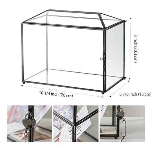Wedding Glass Card Box with Slot and Lock, 10.2 x 6 x 8 Inch, Small Black Geometric Cards Holder for Birthdays Party Reception, Wishing Well - Slot Length 6.3'' (Glass Box Only) - color: C-Small Black Card Box 10.2''