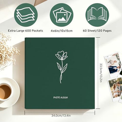 DazSpirit 4x6 Photo Album, 600 Photos, Large Capacity, Linen Hardcover | Green Floral Photo Book, Acid-Free Slip-In Pages, Memory Album for Wedding, Baby, Anniversary, Travel and Family Photos - color: Dark Green