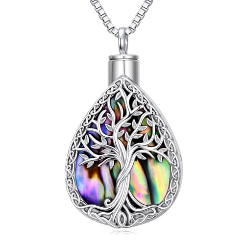 WINNICACA Cremation Jewelry for Ashes Locket Ashes Necklace Urn Necklace for Women Sterling Silver Cremation Necklace for Ashes Fine Keepsake Picture Necklace Memorial Jewelry - style: F01-Tree of Life Teardrop Urn Necklace(Abalone)