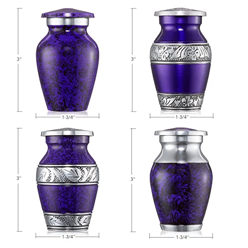 Reminded Small Cremation Keepsake Urns for Human Ashes, Set of 4 Purple and Silver Miniature Urns with Velvet Case and Bags - color: Purple