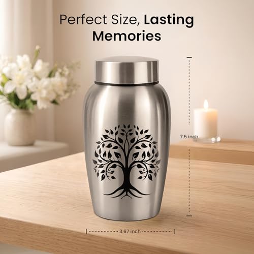 Stainless Steel Silver Urn for Ashes Adult Male & Female, Cremation urns for Human Ashes Man & Women, Set of 3 Includes 1 Large Urn & 1 Silver & Black Cross Necklace- Tree of Life - color: Stainless Steel Tree of Life Urn - Single Urn
