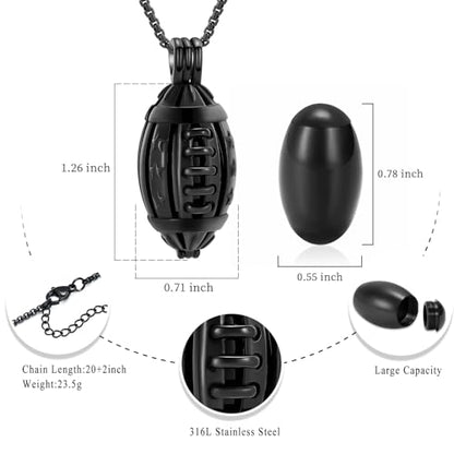 Oinsi American Football Cremation Locket Necklace For Ashes Of Loved Ones Stainless Steel Memorial Urn Jewelry Women Men Keepsake Fashion Necklace - color: All Black