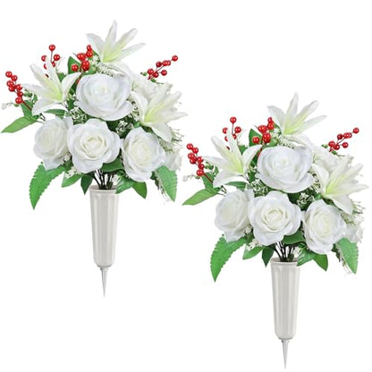 Lewondr Artificial Cemetery Flowers with Vase for Grave, White Lily, 2 Pack - color: Pure White