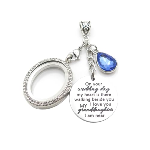 IDLAN Wedding Bouquet Locket Charm Rhinestone Photo Frame Memorial Bridal Bouquet Charm Memorial Photo Keepsake Something blue - style: On wedding day-Granddaughter-Oval