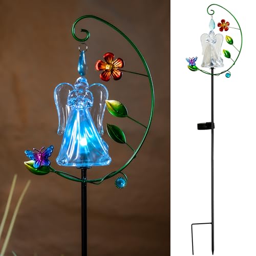 Angel Solar Lights Outdoor Garden - 2 Pack Solar Angels Grave Decorations for Cemetery, Color Changing Angel Statues for Garden Flower Bed Decor, Christmas Memorial & Sympathy Gift (White)