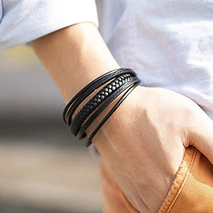 Mens Leather Bracelet with Clasp Cowhide Multi-Layer Braided Leather Mens Bracelet - style: black leather&black clasp&8.7