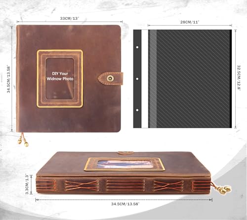 Leather photo Album Self Adhesive Pages, Handamde Leather Scrapbook Photo Album, Wedding Family Album, Holds 3x5, 4x6, 5x7, 6x8, 8x10 Photos - Brown - color: Brown, size: 13.58x13x1.3