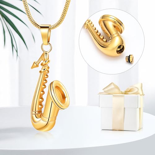 memorial jewelry Music Urn Saxophone Horn Chain Necklace Cremation Ash Keepsake Pendant - color: Gold