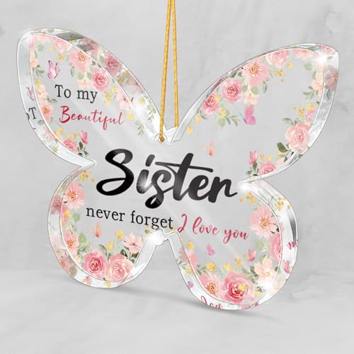 Butterfly Gift for Sisters, Pink Floral Acrylic Hanging Ornament, Suitable for Graduation, Birthday, Wedding Souvenir, Christmas and Thanksgiving Gifts, 3.1 x 2.1 inches - color: Sister