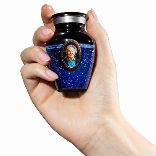 Blue Galaxy Photo Urn for Human Ashes – Personalized Cremation Tribute with Portrait, Name & Dates, Starry Sky Memorial Keepsake, Made in USA (Blue, Small) - size: Small