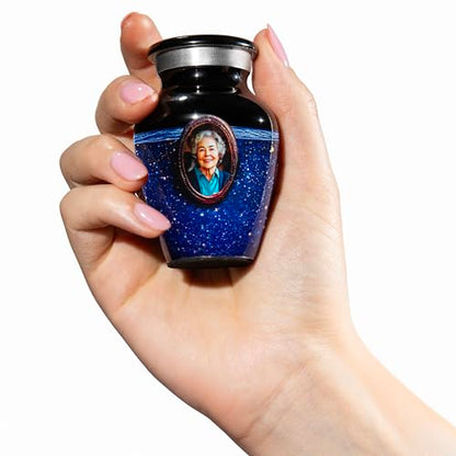 Blue Galaxy Photo Urn for Human Ashes – Personalized Cremation Tribute with Portrait, Name & Dates, Starry Sky Memorial Keepsake, Made in USA (Blue, Small) - size: Small