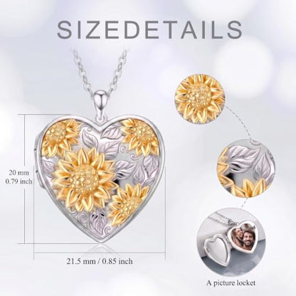 Poiuy Photo Locket Necklace for Women, Heart Picture Pendant Photo Necklace Jewelry Christmas Memorial Birthday Gifts for Women Daughter Mom - color: Sunflower Locket Necklace