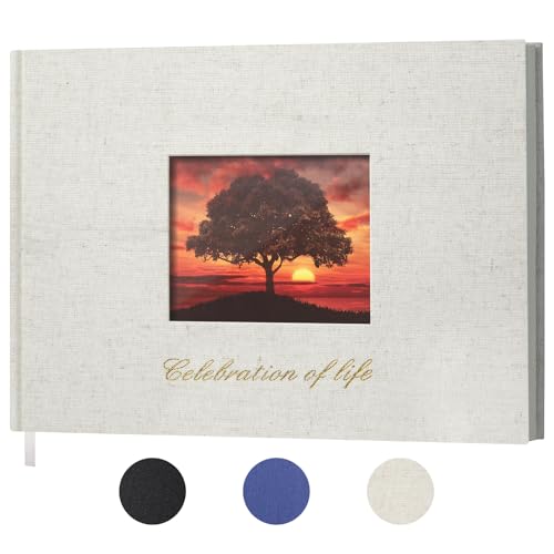 SUNEE Funeral Guest Book for Memorial & Funeral Services – in Loving Memory Funeral Book, Celebration of Life Guest Book with 100 Lined Pages, Table Sign, Ribbon Bookmark and Linen Hardcover, Beige - color: Beige