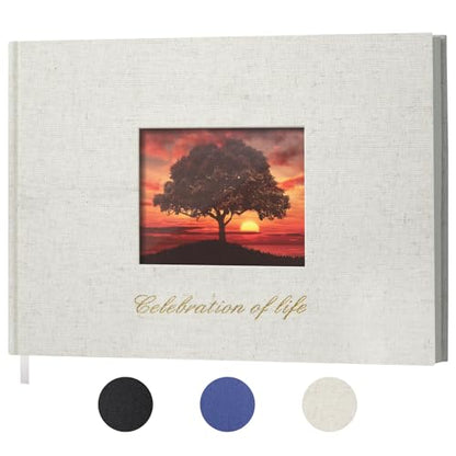 SUNEE Funeral Guest Book for Memorial & Funeral Services – in Loving Memory Funeral Book, Celebration of Life Guest Book with 100 Lined Pages, Table Sign, Ribbon Bookmark and Linen Hardcover, Beige - color: Beige