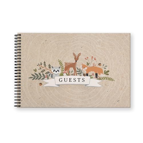 Canopy Street Hardcover Woodland Animals Guestbook / 120 Lined Guest Signature Pages Inside / 5.5" x 8.5" Landscape Lay Flat Forest Gender Neutral Baby Shower Guest Book/Black Metal Spiral Binding - color: Woodland Animals