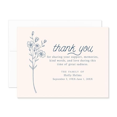 Funeral Thank You Cards, 5.5x4.25 (A2), Simple Blue Wildflower | Personalized, Sympathy Flat Thank You Notecards, With Envelopes