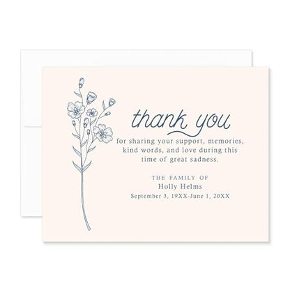 Funeral Thank You Cards, 5.5x4.25 (A2), Simple Blue Wildflower | Personalized, Sympathy Flat Thank You Notecards, With Envelopes