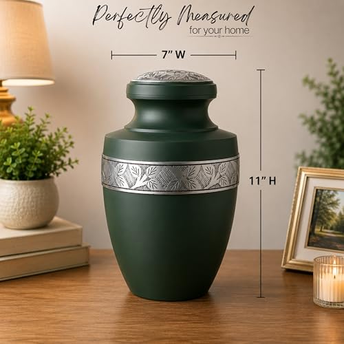 CLEENTABLE Cremation Urn for Human Ashes, Hand Carved Green Metal - color: Green & Silver, size: Hand-Etched Leaf - 7x11"