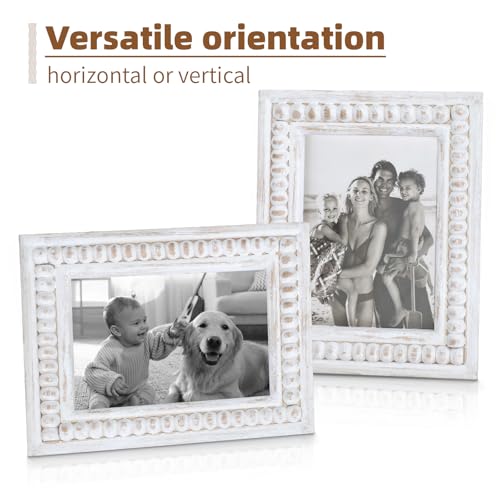 Whitewashed Wood Beaded 5x7 Picture Frame - Farmhouse Style Rustic Photo Frame, Boho Picture Frame as 5 x 7 Photo Frame for Tabletop Display 5x7 Photo - color: White, size: Single 5x7
