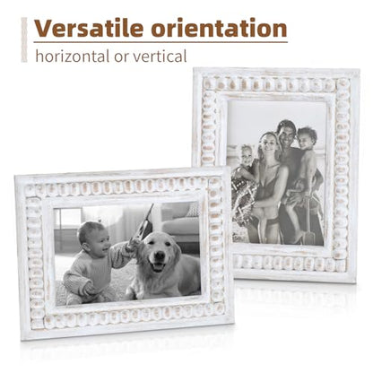 Whitewashed Wood Beaded 5x7 Picture Frame - Farmhouse Style Rustic Photo Frame, Boho Picture Frame as 5 x 7 Photo Frame for Tabletop Display 5x7 Photo - color: White, size: Single 5x7