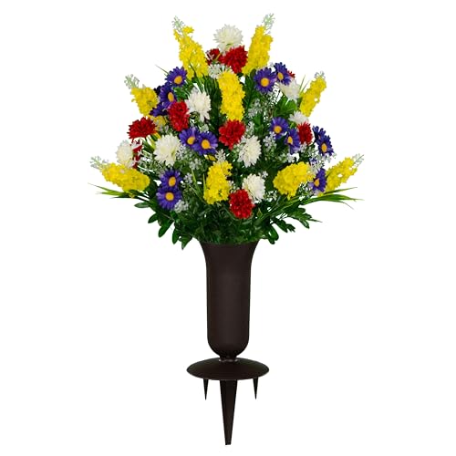 Sympathy Silks Artificial Cemetery Flowers – Realistic Wildflower Outdoor Grave Decorations - Yellow Red Wildflower Bouquet with Cemetery Vase Included - color: Yellow Red, size: Bouquet & Vase