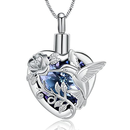 Yinplsmemory Hummingbird Cremation Jewelry Crystal Heart Urn Ashes Necklace for Women Men Memorial Keepsake Necklace of Loved One - color: Purple-Silver