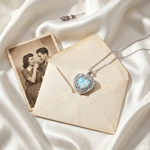Filigree Opal Locket Pendant Necklace Heart Picture Necklaces 18K White Gold plated Jewelry Memorial Gift for Women Female