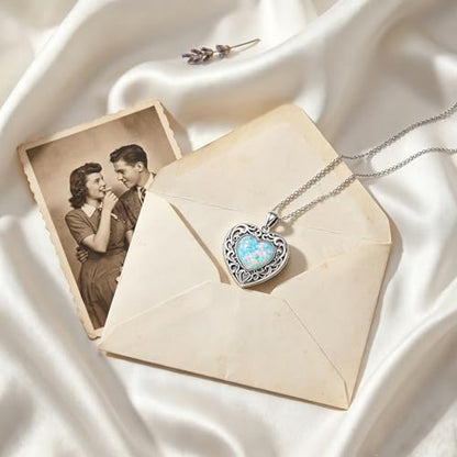 Filigree Opal Locket Pendant Necklace Heart Picture Necklaces 18K White Gold plated Jewelry Memorial Gift for Women Female