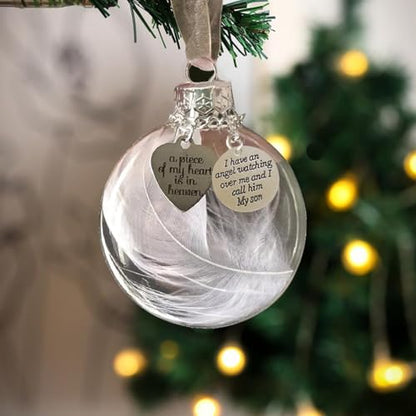 Memorial Ornaments Christmas Clear Feather Ball – A Piece of My Heart is in Heaven, Sympathy Gift for Loss of Loved One (Son) - color: Son