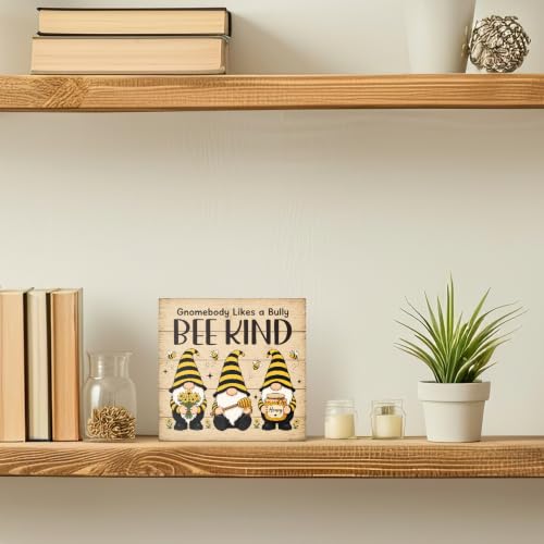 Gnomebody Likes A Bully Bee Kind Wooden Box Sign Farmhouse Gifts | 6x6 Inch Funny Bee Gnome Office Table Wood Plaque Desk Decor, Rustic Accent Home Kitchen Classroom Bedroom, Bees Lover Gifts - color: Yellow-Black