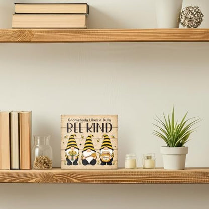 Gnomebody Likes A Bully Bee Kind Wooden Box Sign Farmhouse Gifts | 6x6 Inch Funny Bee Gnome Office Table Wood Plaque Desk Decor, Rustic Accent Home Kitchen Classroom Bedroom, Bees Lover Gifts - color: Yellow-Black